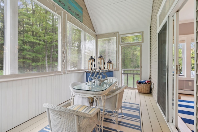 18 Forest Hill Ln, Kennebunk, ME 04043 - sunroom featuring a baseboard radiator and vaulted ceiling