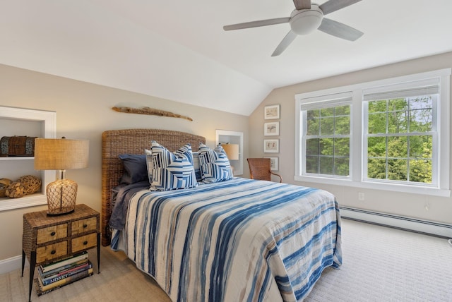 18 Forest Hill Ln, Kennebunk, ME 04043 - bedroom featuring a baseboard radiator, carpet, vaulted ceiling, and a ceiling fan