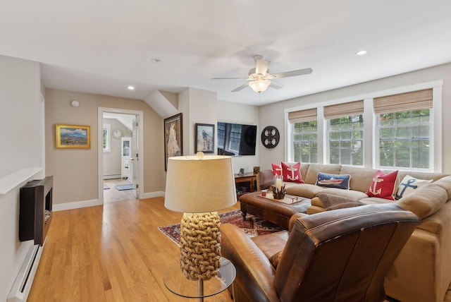 18 Forest Hill Ln, Kennebunk, ME 04043 - living area with ceiling fan, light wood-style flooring, recessed lighting, baseboards, and baseboard heating