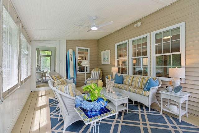 18 Forest Hill Ln, Kennebunk, ME 04043 - sunroom / solarium featuring a ceiling fan, an outdoor living space, and lofted ceiling