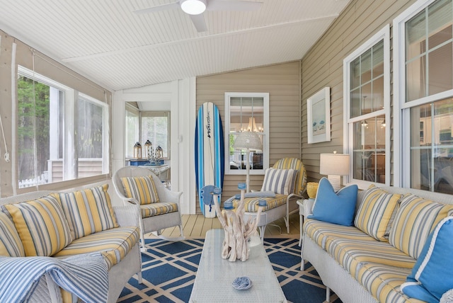 18 Forest Hill Ln, Kennebunk, ME 04043 - sunroom / solarium with lofted ceiling, a ceiling fan, wood walls, and an outdoor living space