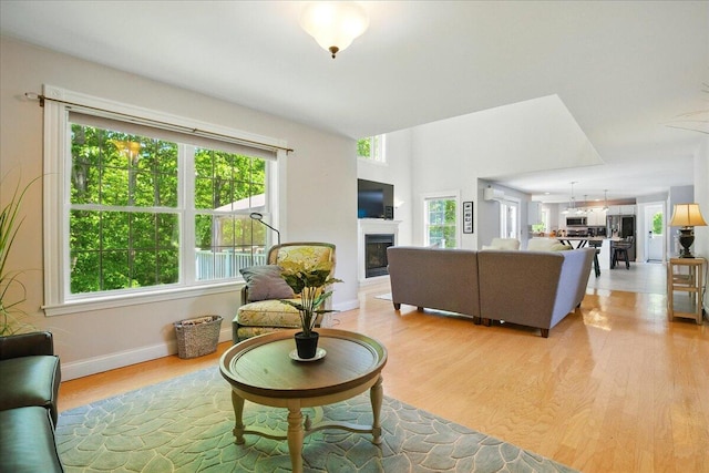 59 Sanderson Rd, Poland, ME 04274 - living area with light wood-style flooring, a glass covered fireplace, and baseboards