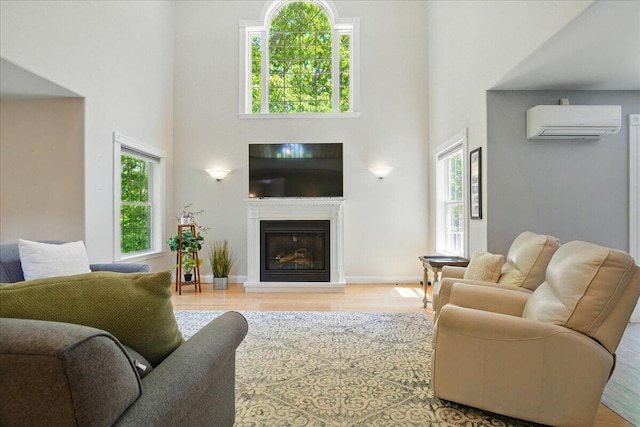59 Sanderson Rd, Poland, ME 04274 - living area with an AC wall unit, a high ceiling, healthy amount of natural light, wood finished floors, and a glass covered fireplace