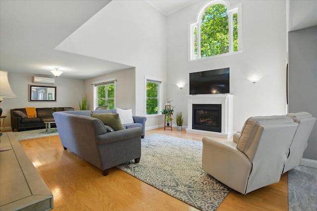 59 Sanderson Rd, Poland, ME 04274 - living area with an AC wall unit, light wood-type flooring, a glass covered fireplace, baseboards, and ornamental molding
