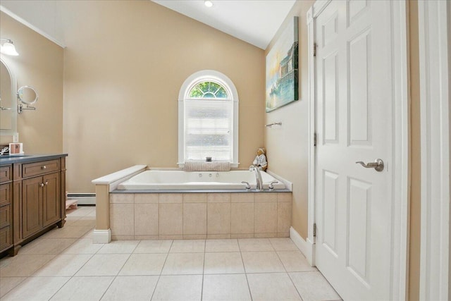 59 Sanderson Rd, Poland, ME 04274 - full bathroom with vanity, a garden tub, baseboard heating, lofted ceiling, and tile patterned floors