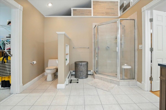 59 Sanderson Rd, Poland, ME 04274 - bathroom featuring toilet, a stall shower, tile patterned floors, and baseboards