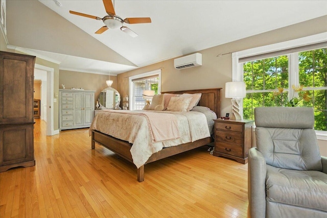 59 Sanderson Rd, Poland, ME 04274 - bedroom with an AC wall unit, light wood finished floors, high vaulted ceiling, and a ceiling fan