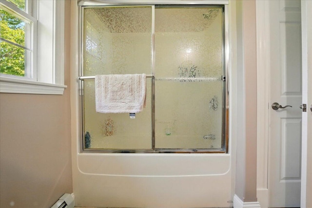 59 Sanderson Rd, Poland, ME 04274 - full bathroom with combined bath / shower with glass door, baseboards, and a baseboard radiator