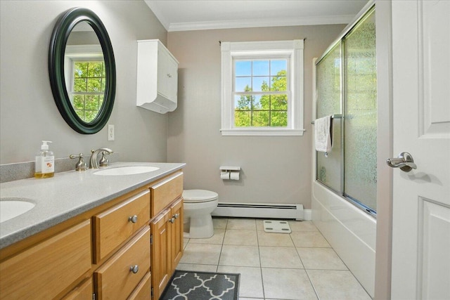 59 Sanderson Rd, Poland, ME 04274 - full bathroom featuring a baseboard radiator, double vanity, crown molding, toilet, and plenty of natural light