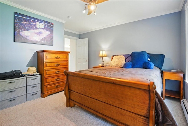 59 Sanderson Rd, Poland, ME 04274 - bedroom with light carpet, a baseboard radiator, crown molding, and ceiling fan