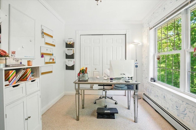 59 Sanderson Rd, Poland, ME 04274 - home office featuring baseboard heating, healthy amount of natural light, baseboards, crown molding, and light carpet