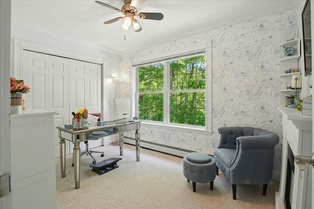 59 Sanderson Rd, Poland, ME 04274 - office space with carpet flooring, crown molding, baseboard heating, ceiling fan, and wallpapered walls