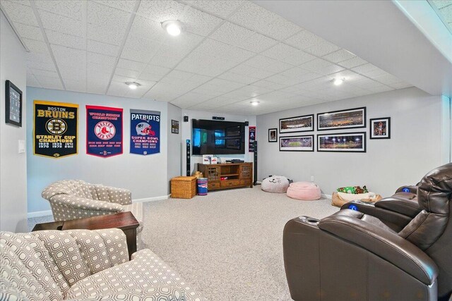 59 Sanderson Rd, Poland, ME 04274 - carpeted living room with a drop ceiling and baseboards