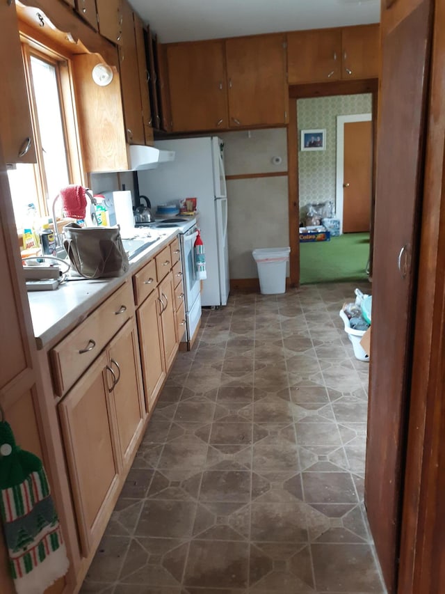 100 Bayside Rd, Ellsworth, ME 04605 - kitchen featuring white appliances, light countertops, and ventilation hood