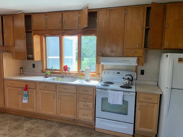 100 Bayside Rd, Ellsworth, ME 04605 - kitchen with white appliances, under cabinet range hood, a sink, and light countertops