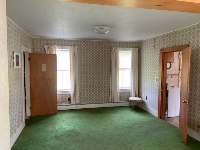100 Bayside Rd, Ellsworth, ME 04605 - unfurnished room featuring washer / dryer, carpet, baseboard heating, and wallpapered walls