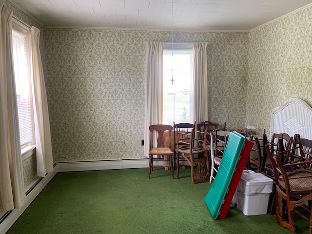 100 Bayside Rd, Ellsworth, ME 04605 - living area featuring carpet flooring, healthy amount of natural light, wallpapered walls, and ornamental molding