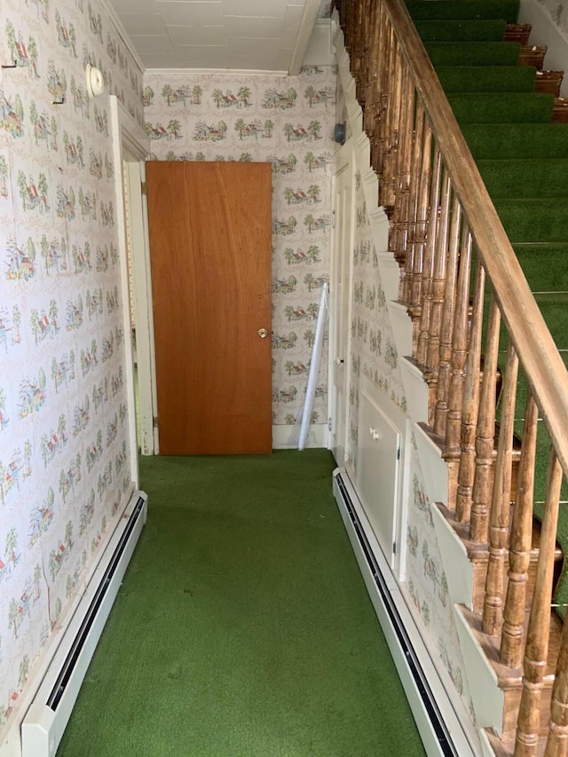 100 Bayside Rd, Ellsworth, ME 04605 - corridor featuring wallpapered walls, baseboard heating, stairs, carpet, and crown molding