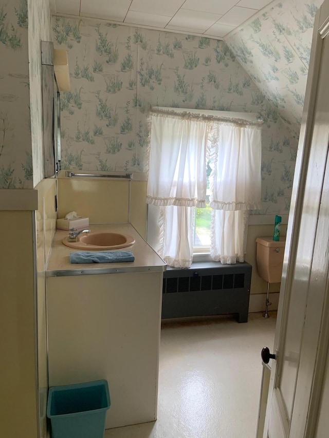 100 Bayside Rd, Ellsworth, ME 04605 - bathroom featuring radiator, vanity, and wallpapered walls