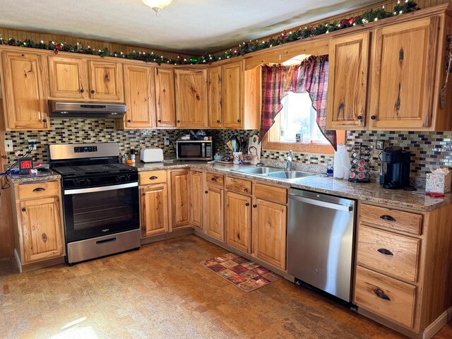 164 Mud Pond Road, Prentiss Twp T7 R3 Nbpp, ME 04487 - kitchen featuring stainless steel appliances, under cabinet range hood, a sink, backsplash, and light flooring
