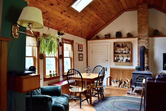 10 Rines Rd, Burnham, ME 04922 - dining area with wood finished floors, a wood stove, vaulted ceiling, and wooden ceiling