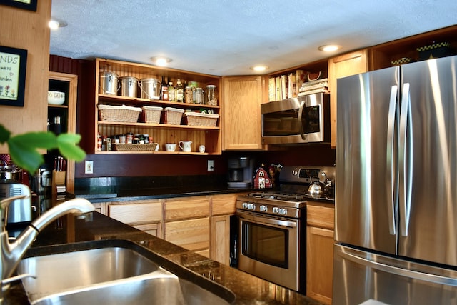 10 Rines Rd, Burnham, ME 04922 - kitchen featuring appliances with stainless steel finishes, open shelves, a sink, a textured ceiling, and recessed lighting
