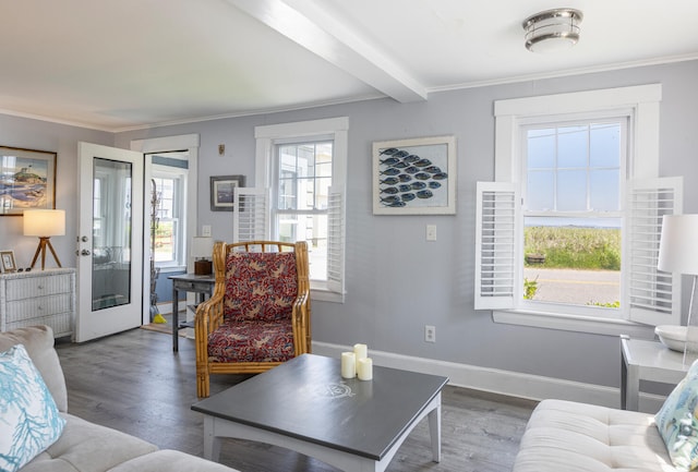 116 Hills Beach Rd, Biddeford, ME 04005 - living area with wood finished floors, beam ceiling, and ornamental molding