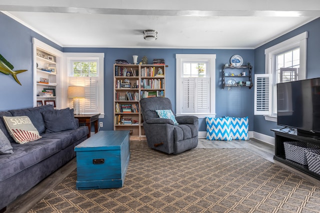 116 Hills Beach Rd, Biddeford, ME 04005 - living area featuring ornamental molding, plenty of natural light, and dark wood-style floors