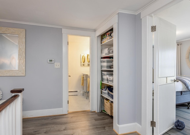 116 Hills Beach Rd, Biddeford, ME 04005 - hallway featuring wood finished floors, ornamental molding, and a baseboard radiator