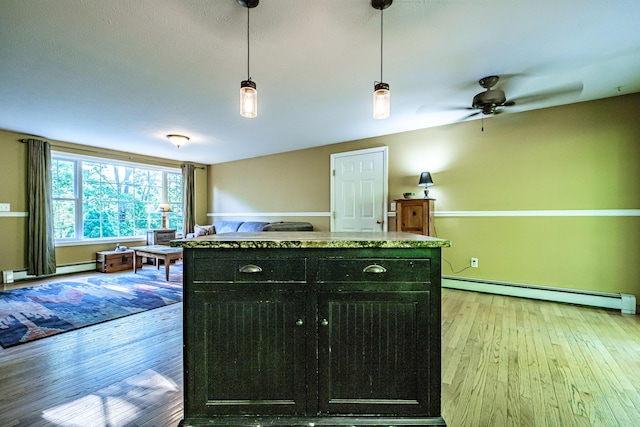 739 Spec Pond Rd, Porter, ME 04068 - kitchen with light wood-style flooring, dark cabinetry, decorative light fixtures, ceiling fan, and baseboard heating