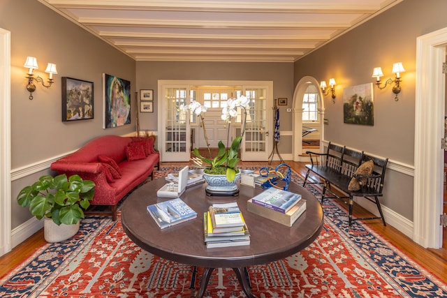 18 Bayside Dr, Belfast, ME 04915 - living area featuring wood finished floors, french doors, and arched walkways
