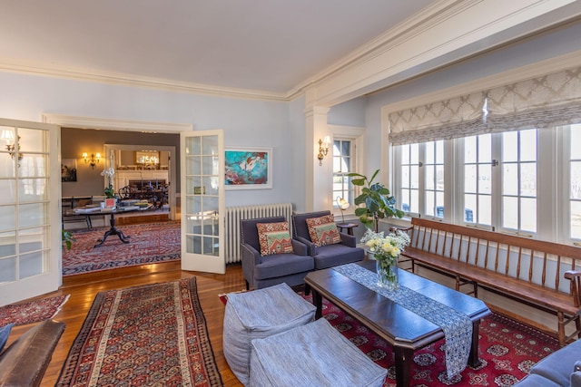 18 Bayside Dr, Belfast, ME 04915 - living area featuring radiator, wood finished floors, and ornamental molding