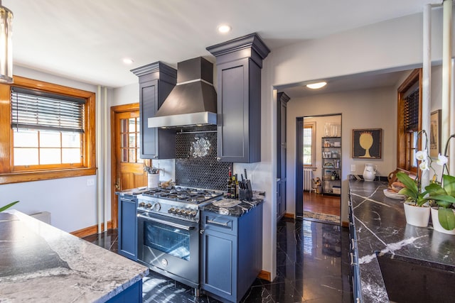 18 Bayside Dr, Belfast, ME 04915 - kitchen with wall chimney exhaust hood, stainless steel range, plenty of natural light, recessed lighting, and blue cabinetry