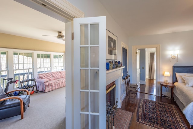 18 Bayside Dr, Belfast, ME 04915 - living room featuring a fireplace, ceiling fan, and wood finished floors