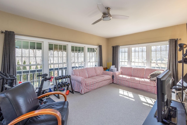 18 Bayside Dr, Belfast, ME 04915 - carpeted living area with a ceiling fan