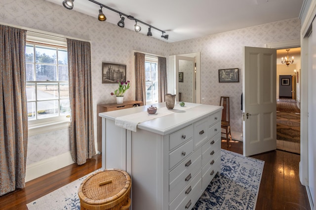 18 Bayside Dr, Belfast, ME 04915 - bathroom with wood-type flooring, rail lighting, a chandelier, plenty of natural light, and wallpapered walls