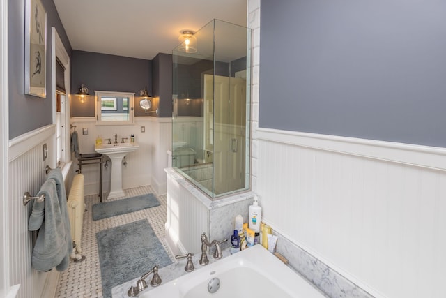 18 Bayside Dr, Belfast, ME 04915 - full bathroom with a wainscoted wall, a bath, and a shower