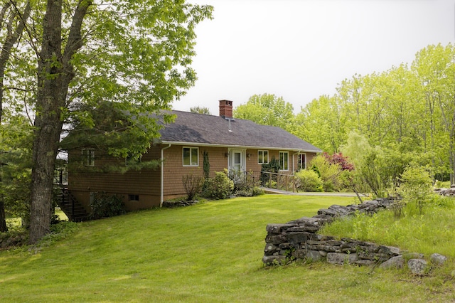 56 Borland Hill Rd, Nobleboro, ME 04555 - rear view of property with a chimney, a yard, roof with shingles, and stairway