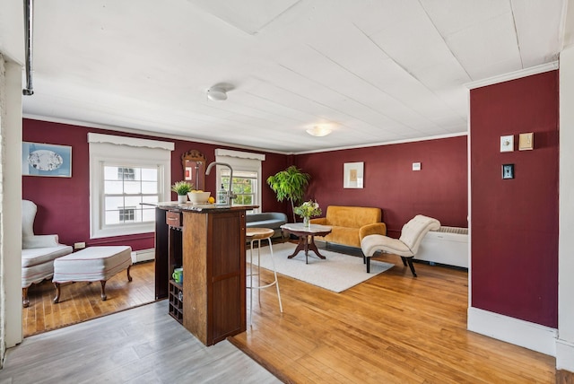148 State St, Portland, ME 04101 - living room with light wood-style flooring, ornamental molding, baseboard heating, and baseboards