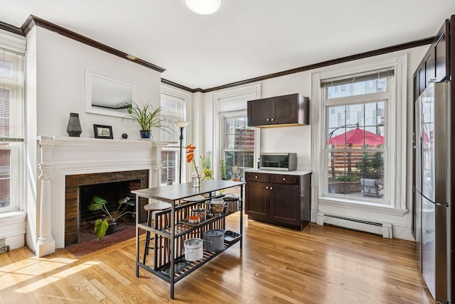 148 State St, Portland, ME 04101 - kitchen with baseboard heating, appliances with stainless steel finishes, ornamental molding, dark brown cabinetry, and light wood-style flooring