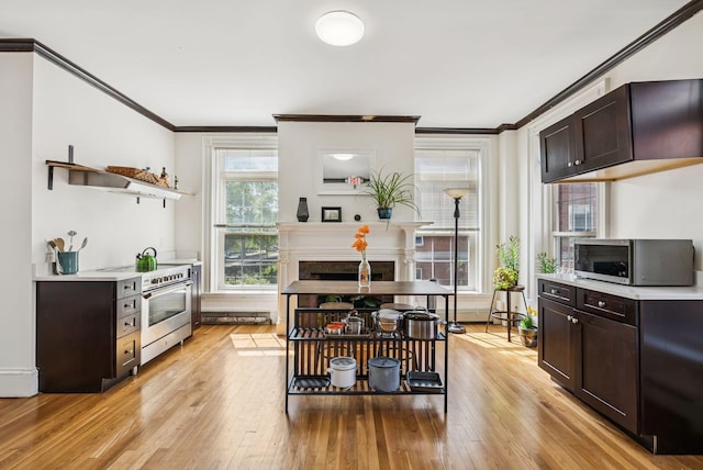 148 State St, Portland, ME 04101 - kitchen with stainless steel appliances, ornamental molding, light countertops, light wood finished floors, and open shelves