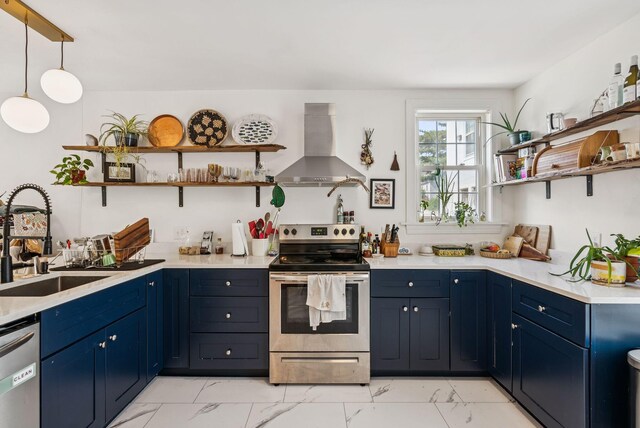 148 State St, Portland, ME 04101 - kitchen featuring appliances with stainless steel finishes, open shelves, island exhaust hood, a sink, and light marble finish floors