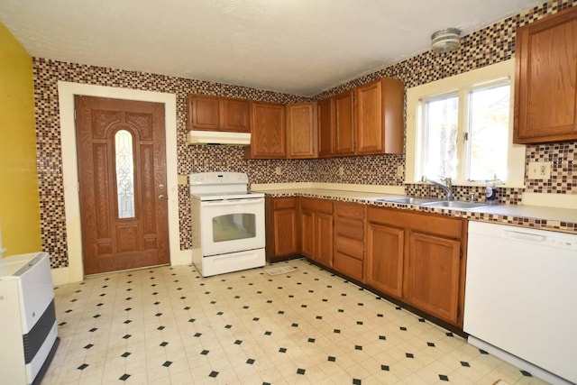 50 Baldwin Rd, Sebago, ME 04029 - kitchen featuring extractor fan, white appliances, a sink, light floors, and decorative backsplash