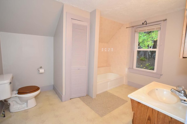 50 Baldwin Rd, Sebago, ME 04029 - full bath featuring a closet, toilet, vanity, lofted ceiling, and tile patterned floors