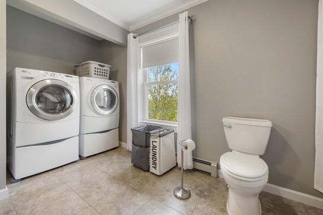 216 Monroe Rd, Winterport, ME 04496 - laundry area with separate washer and dryer, baseboard heating, ornamental molding, and baseboards