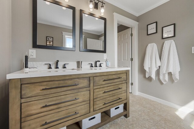 216 Monroe Rd, Winterport, ME 04496 - full bath featuring double vanity, crown molding, baseboards, and tile patterned flooring