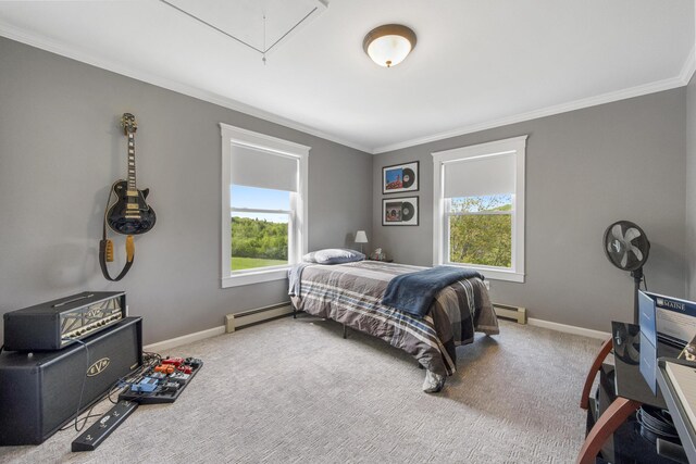 216 Monroe Rd, Winterport, ME 04496 - carpeted bedroom with attic access, baseboard heating, ornamental molding, and baseboards