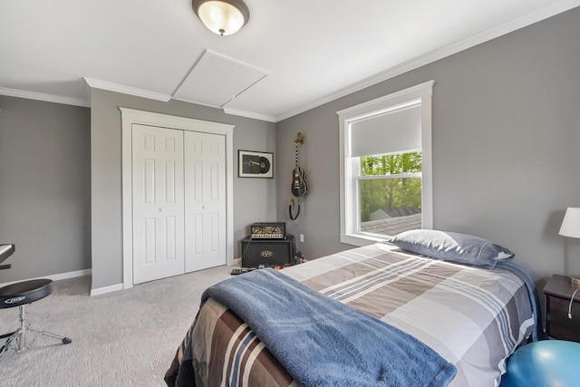 216 Monroe Rd, Winterport, ME 04496 - carpeted bedroom with a closet, ornamental molding, and baseboards