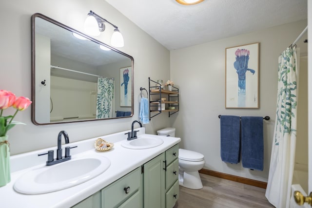 183 Buckfield Rd, Turner, ME 04282 - full bathroom with toilet, wood finished floors, double vanity, a shower with shower curtain, and baseboards