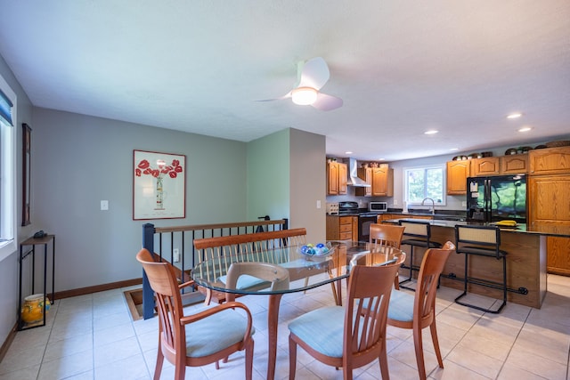 183 Buckfield Rd, Turner, ME 04282 - dining room with a ceiling fan, recessed lighting, light tile patterned floors, and baseboards